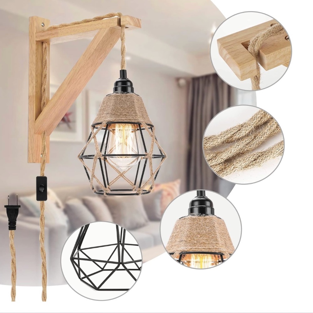 Wall mounted light boho light, rope and cage shade light fixture